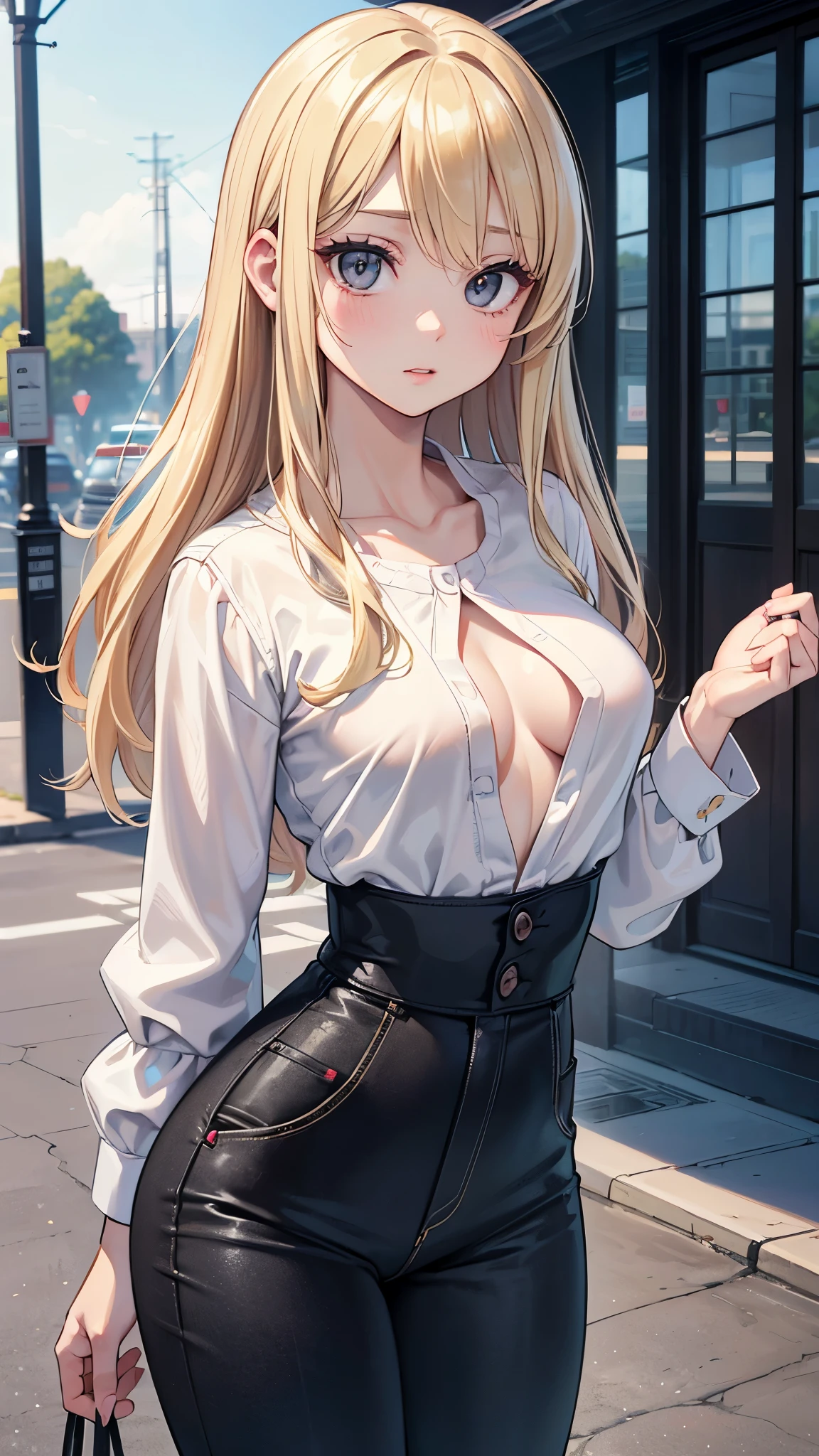(masterpiece, 最high quality, 超High resolution, Very detailed), (Realistic:1.1, photoRealistic:1.4), Perfect illustration, Perfect lighting,Perfectly detailed hair, Perfect and exquisite face, Perfect collarbone, Perfect body,Juicy breasts, Perfect Thighs, Beautiful legs, View your audience, 1 person,Perfect Face, (Perfect Anatomy, Anatomically correct), Symmetrical face、((Shiny Hair)),Sexy Body、(masterpiece),(最high quality:1.3),8k,Very clear,(Ultra-realistic),Captivating woman,(high quality, High resolution, The finer details), Realisticなスタイルの女性,Juicy breasts、Perfect Woman、Perfect Face、Symmetrical face、、((Big breasts))、blush、((Juicy lips))、Cowboy Shot、(((Straight blonde hair)))、((Large, double-set black eyes、Long eyelashes))、(Red Makeup)、(((shirt)))、(((High waist pants)))、((Back view、look back))、(((A toned, small bottom)))、(Healthy and well-developed body)、((Big tits jk))、(Outdoor、On the road)