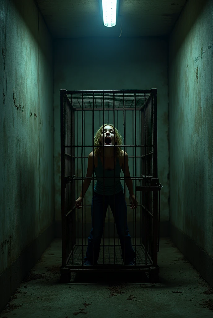 The scene is a basement. In the middle of the room is a metal cage just big enough to hold a person. In this cage is lying a hot teen, who is scared and screaming