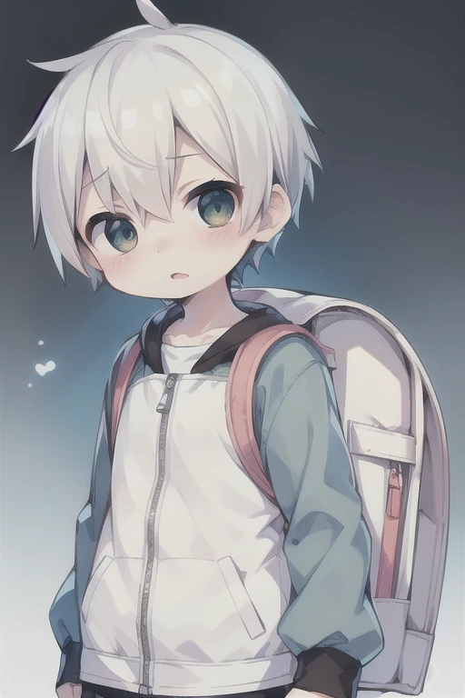 Highest quality, (high quality),eye highlights,arms are thin, thin body,face,from front,look at viewer,droopy eyes,shy,blush,open your mouth and laugh,(((chilled boy))), (1 boy),(white hair),((very short hair)),parka, carrying randoseru backpack,