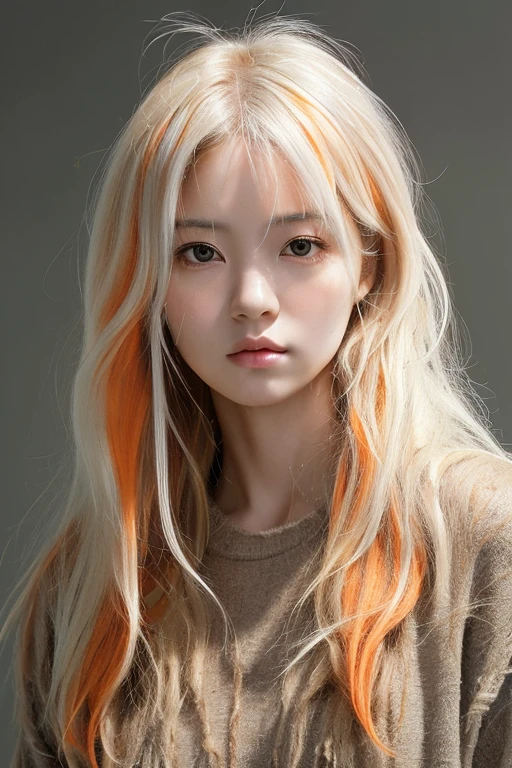 (((masterpeace))), ((photo realistic:1.55)),Japanese girl,((young girl)),no makeup, ((broad jawline)),realistic skin,puffy face, fused with a skeleton, Very pale orange hair, silver hair, (messy hair:1.5)