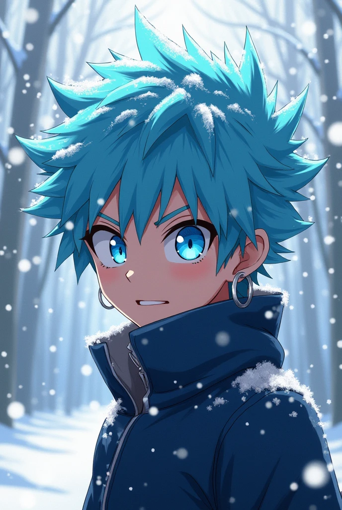 boku no hero academia style white-skinned boy with blue hair and white streaks, blue and white tri-colored eyes, rough expression, piercings in the ears and snowflakes around them