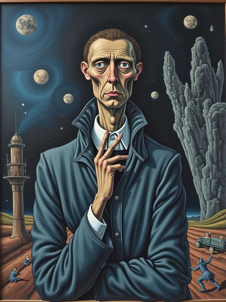 A reinterpretation of Edvard Munch's self-portrait in a surrealistic style, oil painting, inspired by Salvador Dalí, Deviant Art, Highly detailed, dystopian, Bluish, cinematic lighting