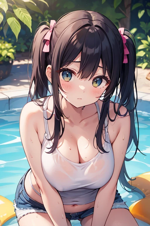 (Masterpiece, top quality, detailed drawing, beautiful hair, beautiful eyes, perfect face, perfect and correct human anatomy), summer, summer sun, big yard with white house, short twin tail, black hair, very baby face, droopy eyes, heterochromia, pink eye, orange eye, (((very huge breasts))), 145cm tall Girl sitting sloppily with hands in portable plastic pool wearing small white t-shirt with navel showing and denim article mini skirt, heat tired face, downcast eyes, sweaty, waterlogged, sunburn marks