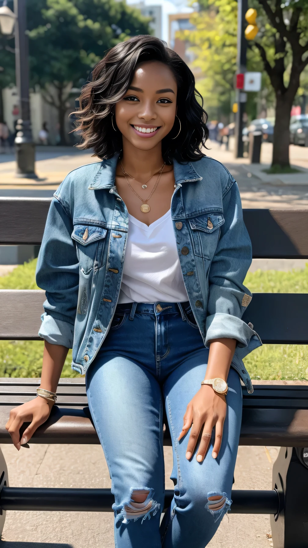 Super Resolution、A clear-skinned Black woman、Full body photo、sitting on a park bench、、short hair、Wavy Hair、ear piercing、、necklace、Denim jacket、shirt、Skinny jeans、sneakers、smile、Beautiful teeth alignment
