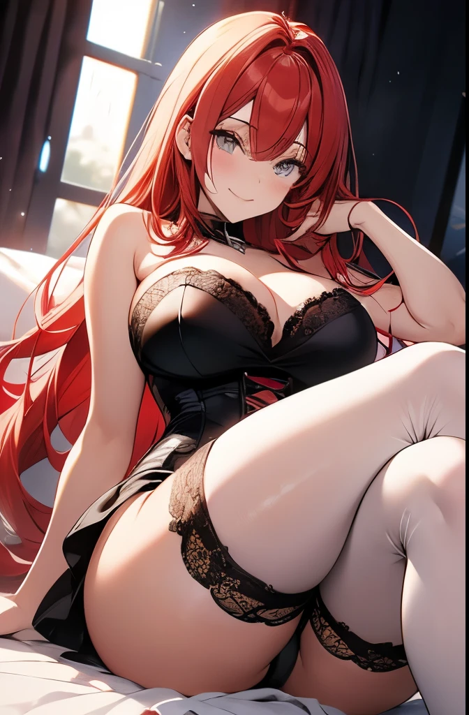 Anime, a glamour shot of a smiling Rias Gremory (Red hair), enormous breasts, big ass, Sitting demurely with her legs crossed on her bed, leaning toward the viewer, with Smokey eyes and knowing smile wearing a strapless sheer lace corset, white lace stockings, insanely detailed face and eyes, intricate, hyper-detailed bedroom, digital illustration, masterpiece, beautiful eyes, atmospheric lighting, centered, perfect anatomy, glowing eyes, candid portrait, clear, very detailed, smooth, sharp focus, focused on the viewer