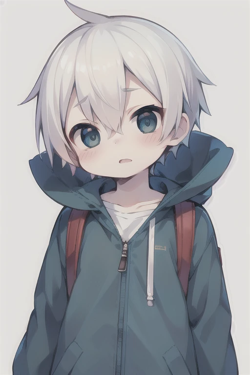 Highest quality, (high quality),eye highlights,arms are thin, thin body,face,from front,look at viewer,droopy eyes,shy,blush,open your mouth and laugh,(((chilled boy))), (1 boy),(white hair),((very short  hair)),parka, carrying randoseru backpack,