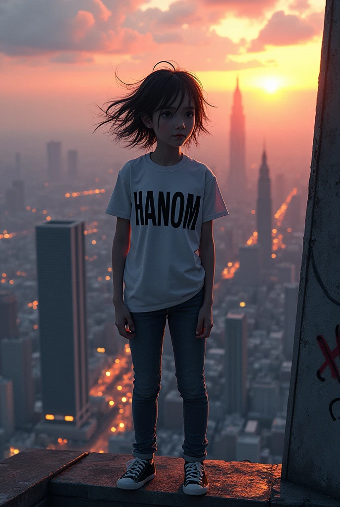 A person is standing on a tall building and there is writing on their shirt that says HANOM.
