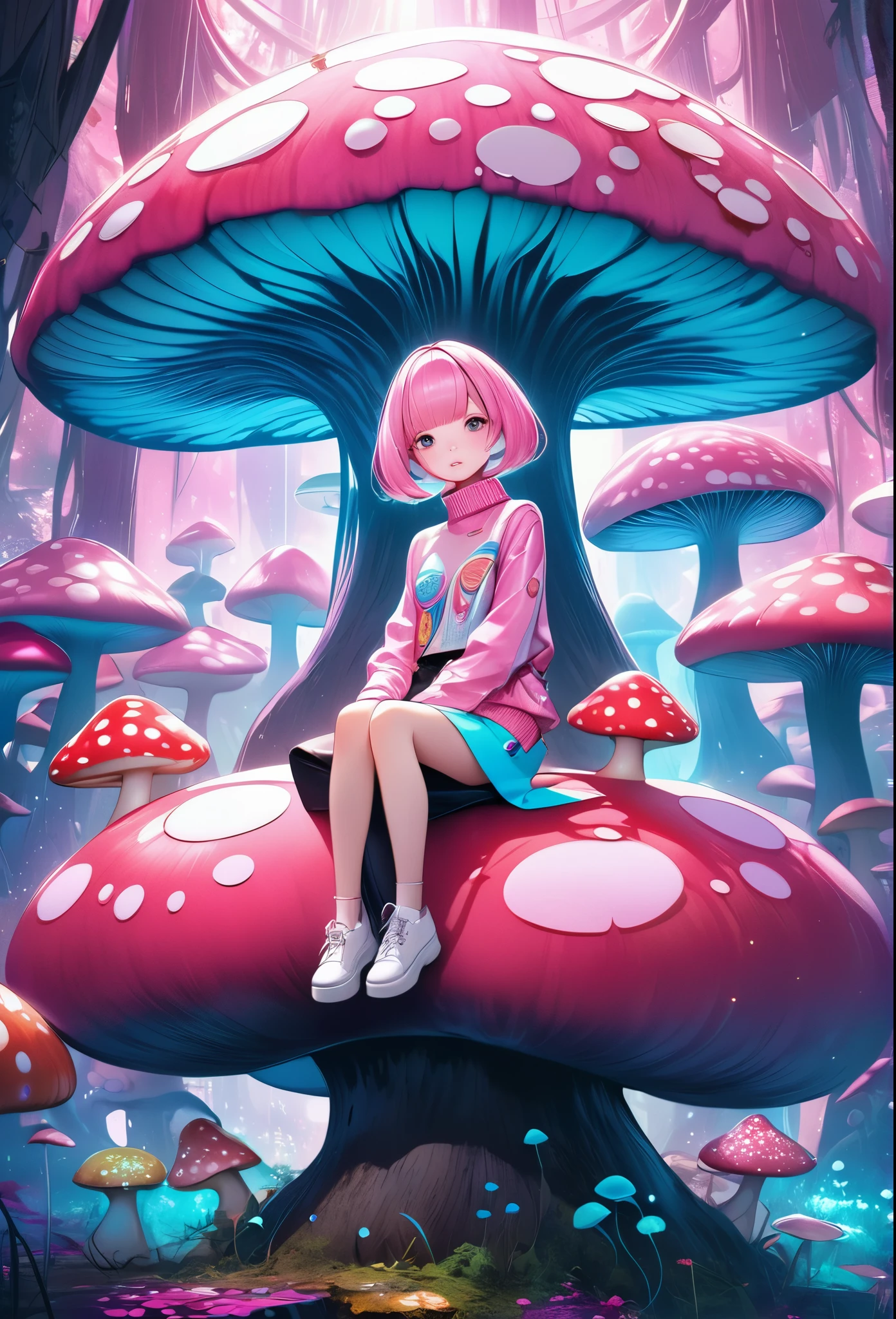 Surreal and psychedelic animation style, adorable and colorful visuals, sitting on a giant mushroom, chic and modern fashion, soft lighting, artistic and graphic representation, pink haircut, sensory overload, futuristic and trippy ambiance, realistic depiction,