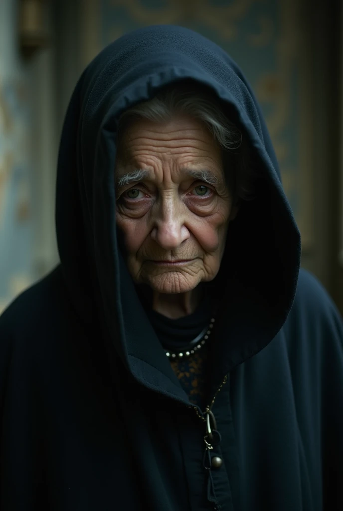 an elderly woman, of average height, fat, with a black hood looking like a medieval outfit from the 1930s with her eyes completely closed and a worried face with a very close focus on the image and