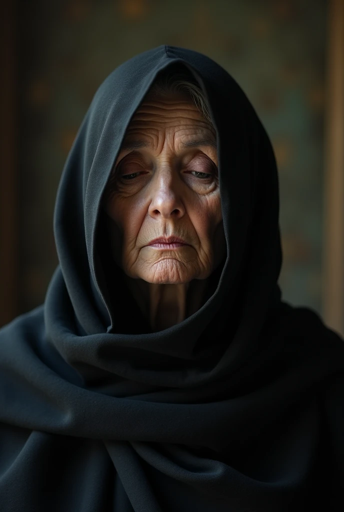 an elderly woman, of average height, fat, with a black hood looking like a medieval outfit from the 1930s with her eyes completely closed and a worried face with a very close focus on the image and