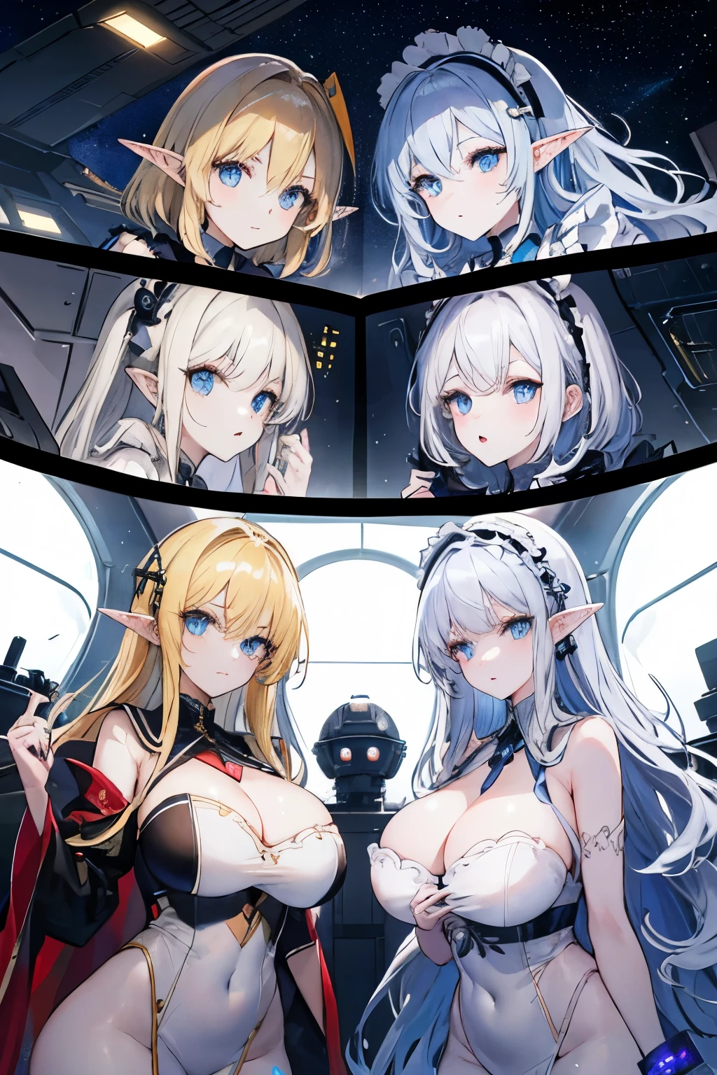 Masterpiece, 4girls, each dressed as a maid. The maids are wearing identical uniforms, beauty and cute, high detailed, dinamic lighting, vivid colours, big breasts, massive cleavage exposed, A giant spacecraft navigating interstellar space, Sophisticated design, huge geometric figures stacked in layers,standing, white skin, blue eyeballs, blonde hair, happys, various hair styles, harem, perfect eye, perfect face, Symmetrical eyes, well-aligned, with a natural and proportionate gaze, Observing their master with a servile gaze, elfs, In the background are spaceships