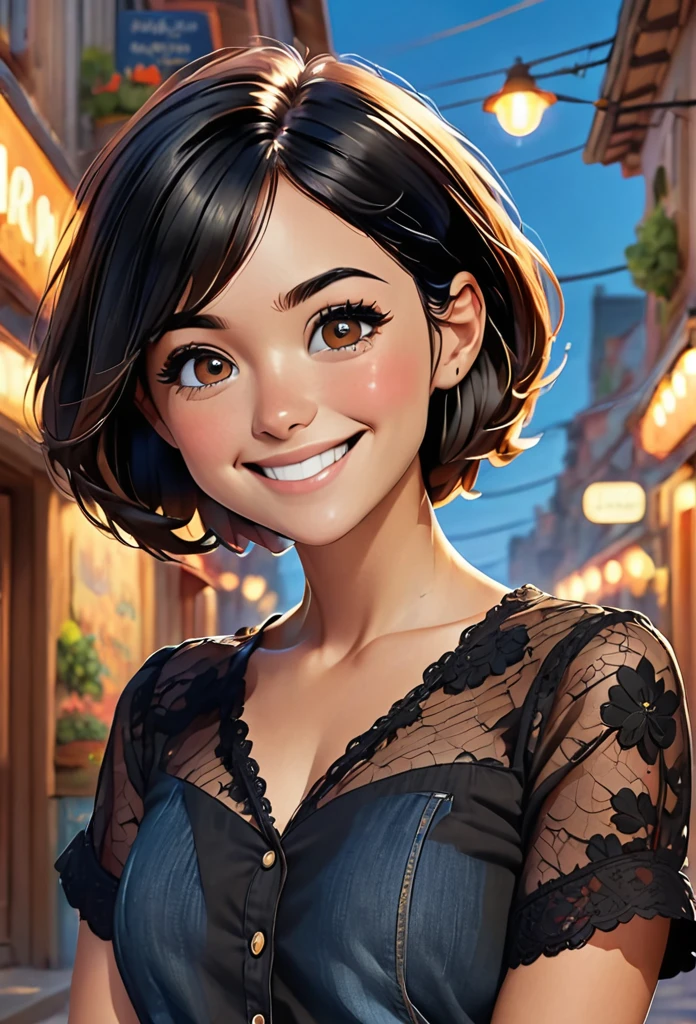 Woman, very short black hair, round brown eyes, humanized pixar style, smiling, black lace shirt, jeans
