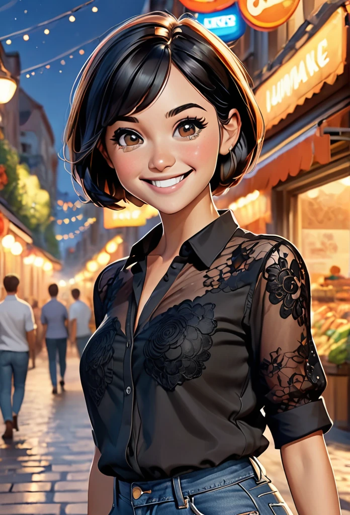 Woman, very short black hair, round brown eyes, humanized pixar style, smiling, black lace shirt, jeans