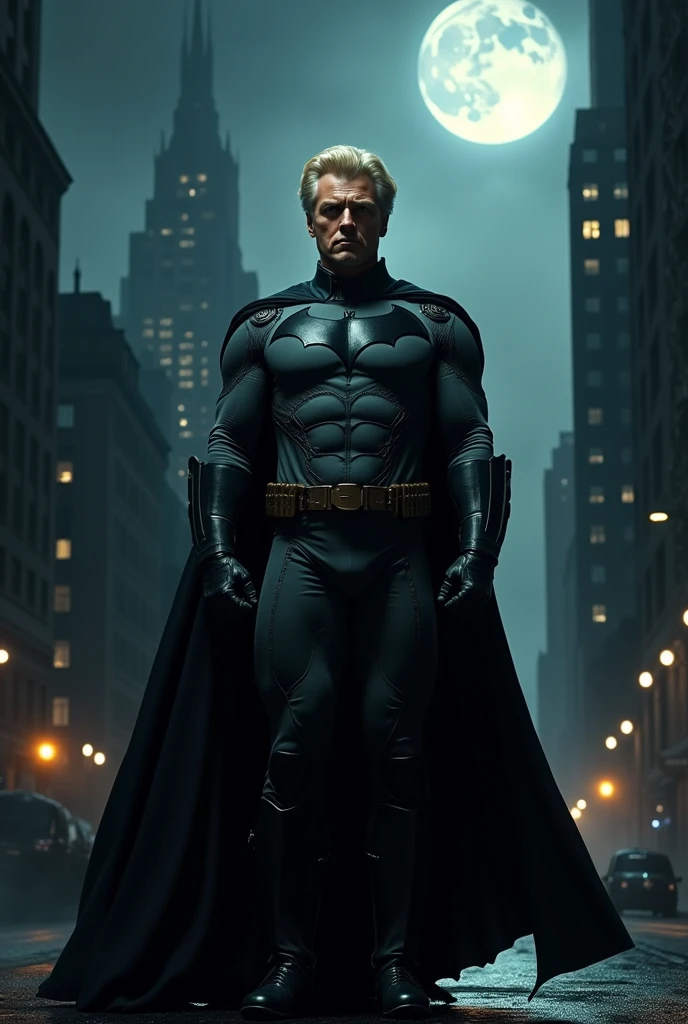 Realistic,
Gorgeous Blonde (Robert De Niro),
Detailed,
Dark Eyes,
(Full entire body),
Wearing Bruce Wayne Costume,
Bruce wayne Dc,
((Gotham city)),
Dark,
Best quality masterpiece,
Photorealist,Detailed,8k,HDR,shallow depth of field,
Broad light,high contrast,backlighting,light sparkies,chromatic aberration,Sharp focus
Raw Collor photo,small head