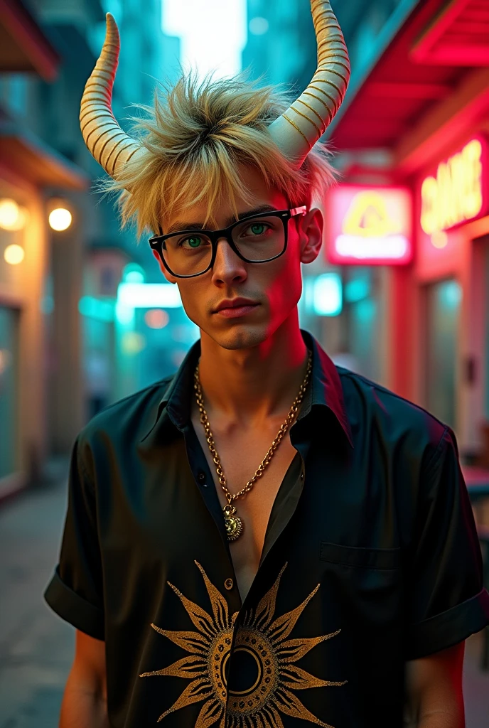 Male character with blonde hair, white and gold horns, and wearing black glasses with green eyes. He is wearing a black shirt with a sun in the middle. 