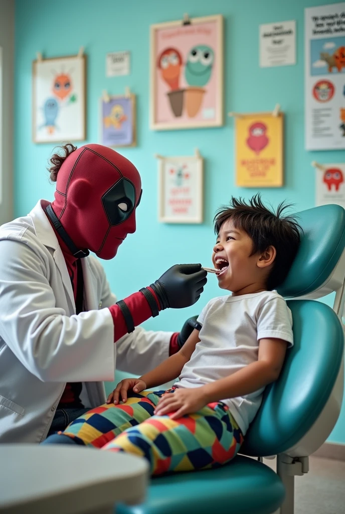 Happy child, dark hair, regular clothes lying down in a dental chair. Dr Deadpool on side dressed in doctor clothes realistic Deadpool feet under chair covered sleeves on other chair checking child&#39;s teeth.