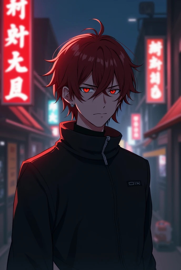 An anime male character with medium-length reddish-brown hair,scar on left eye,ear stretcher on the right ear,serious face