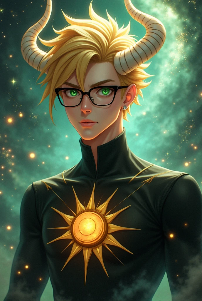 Male character with blonde hair, white and gold horns, and wearing black glasses with green eyes. He is wearing a black shirt with a sun in the middle.