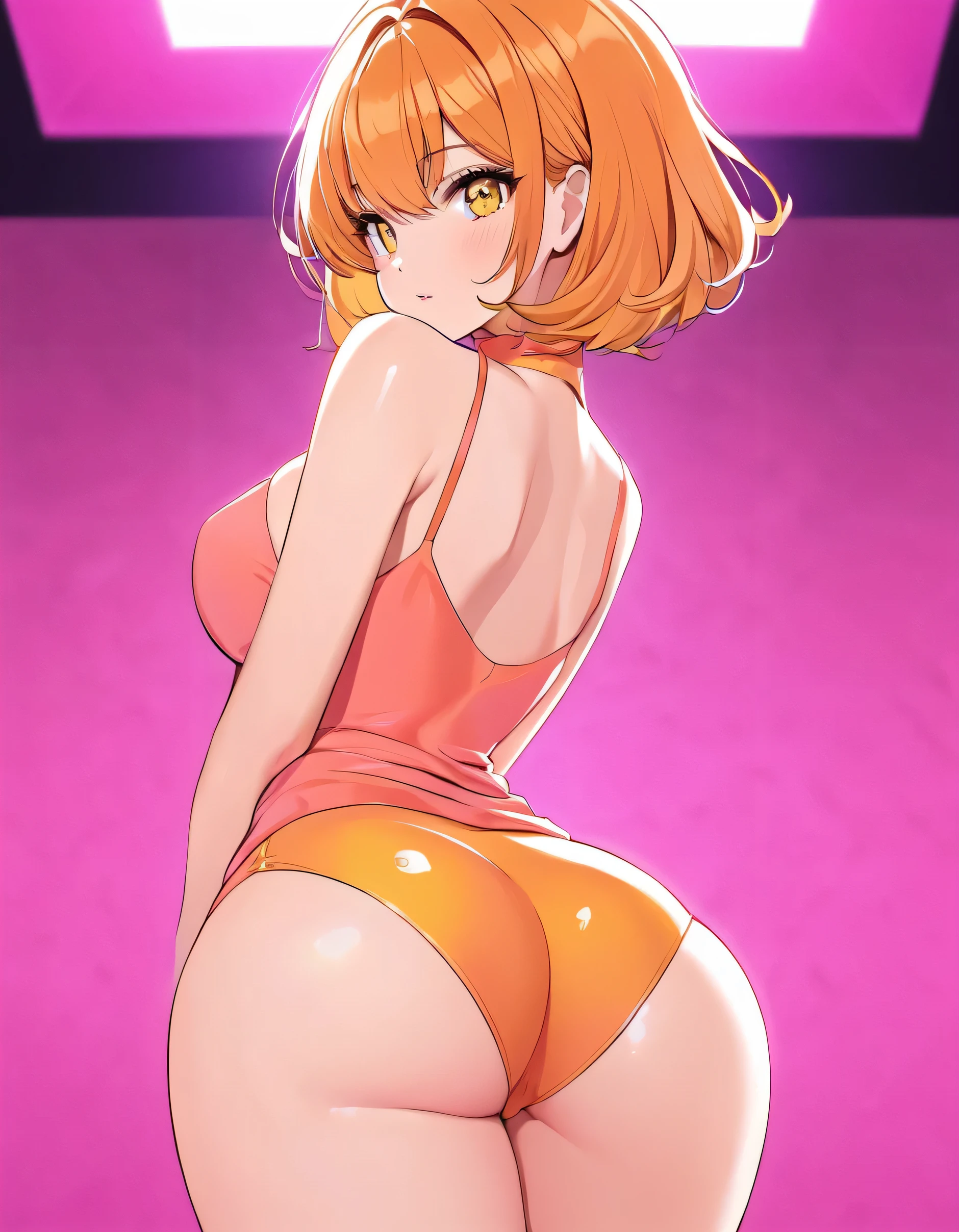 Beautiful adult woman、((Orange short hair))(Yellow Eyes)、(Cute honey in sexy pink outfit)、Ass close up、Neon Background