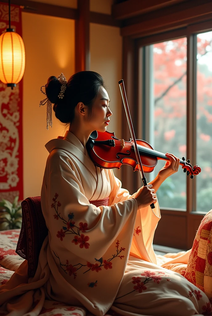 A woman from the Heian period in Japan、Murasaki Shikibu is playing the violin.
