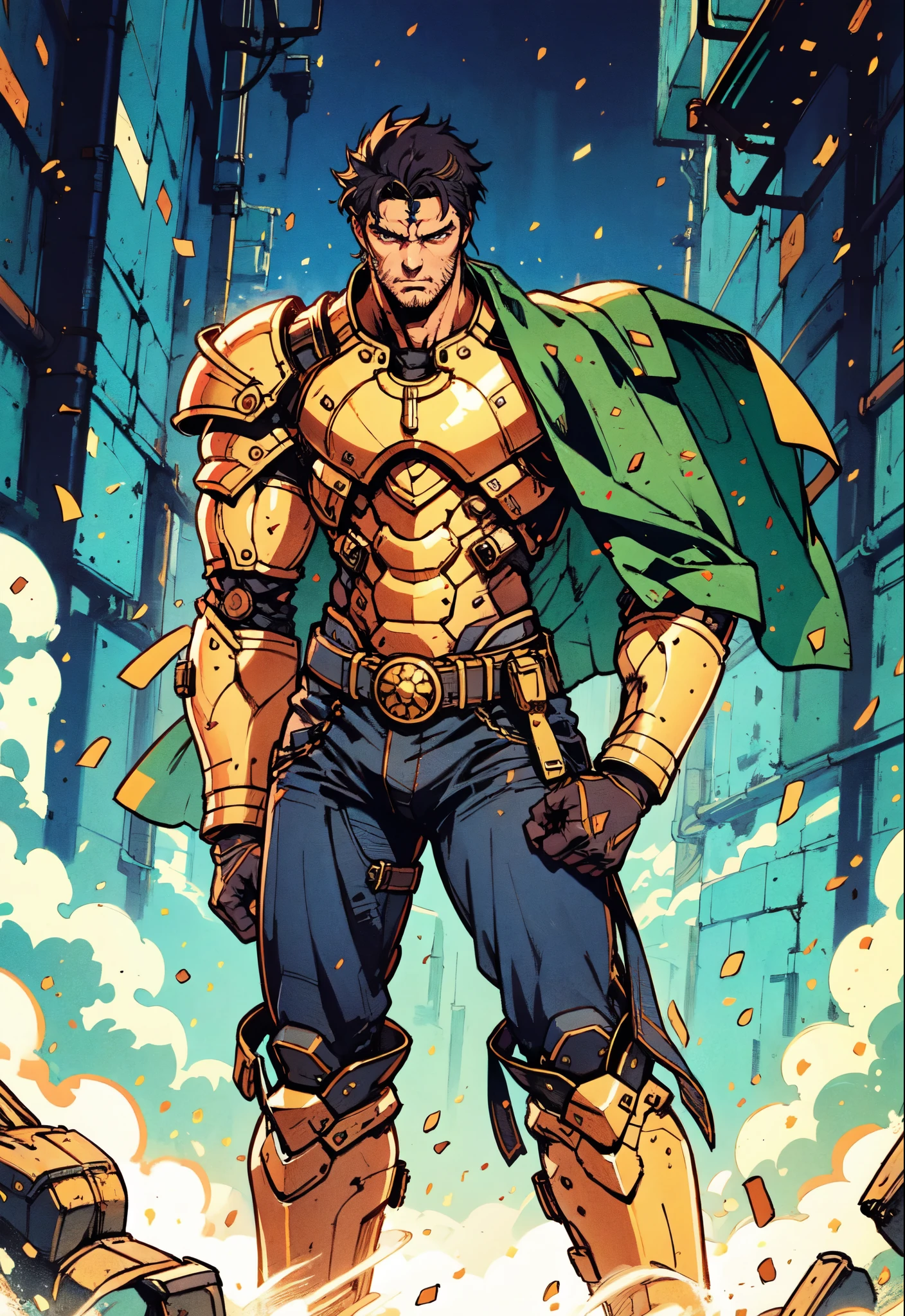 (masterpiece:1.2, best quality:1.2, extremely delicate:1.2), ((male:1.5)), a middle-aged man with short dark blue hair, a green headband tied around his forehead, sharp eyes, a heroic face, long sideburns, a long beard on his chin, a confident expression, a tall and muscular build, a fantasy-realist style short-sleeved coat, with a white and green form-fitting chest armor underneath, a flowing cape hangs from his right shoulder, heavy iron wrist guards, his belt is connected to small skirt armor plates, coarse cloth trousers, long boots that include shin guards, stands like a guardian in front of a city gate, this character embodies a finely crafted fantasy-realist style warrior in anime style, exquisite and mature manga art style, dramatic, high definition, highres, ultra-detailed, ultra-fine painting, professional, perfect body proportions, golden ratio, anatomically correct, symmetrical face, extremely detailed eyes and face, high quality eyes, creativity, RAW photo, UHD, 32k, Natural light, cinematic lighting, (masterpiece-anatomy-perfect:1.2)