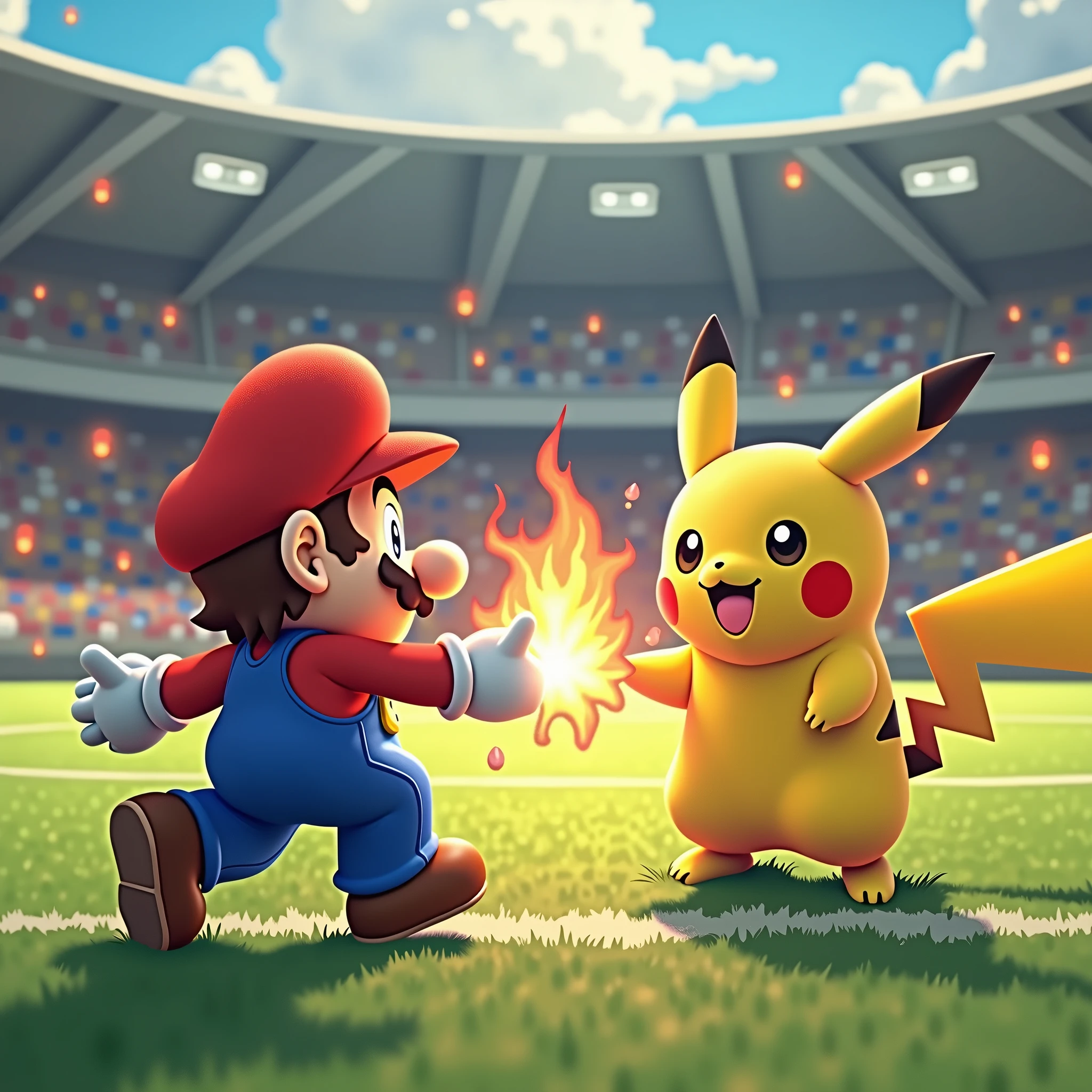 Super Mario launching fireballs at Pikachu in the middle of a soccer field