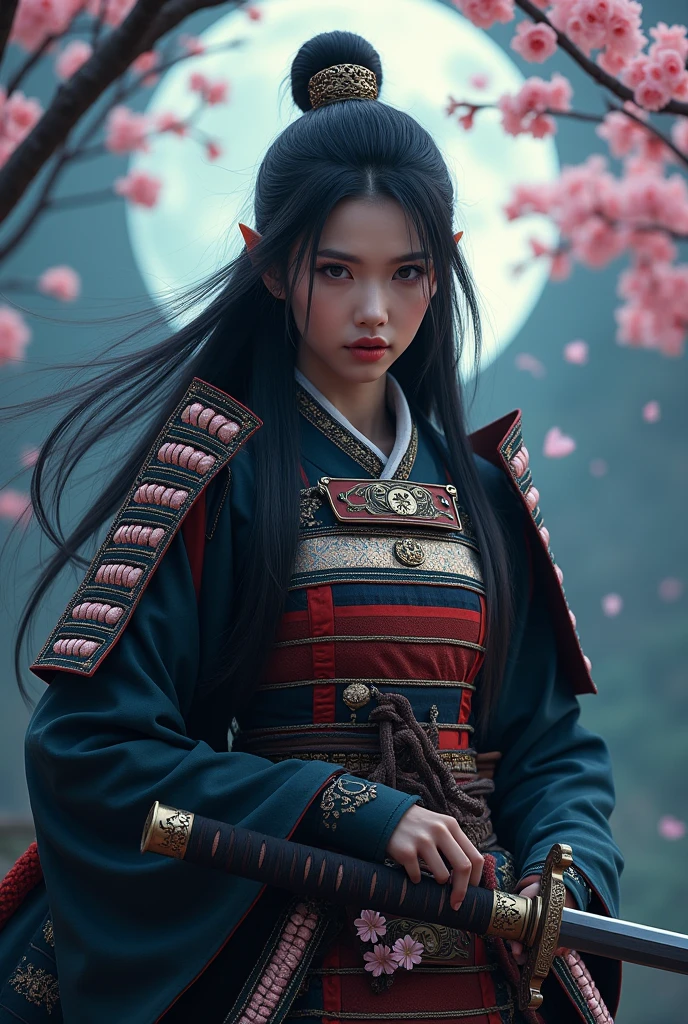 a beautiful samurai, porcelain skin, long black hair, with a serious, intense expression, ornate Japanese traditional samurai's clothes, highly detailed clothes, (holding a Japanese sword:1.5),Harrison Fisher and Catrin Welz-Stein art style, vivid colors, highly detailed, full body portrait, cinematic moon lighting, cherry blossom background, dramatic pose, elegant, graceful, regal, intricate details, masterpiece, photorealistic, 8k, best quality,(looking at viewer:1.5)