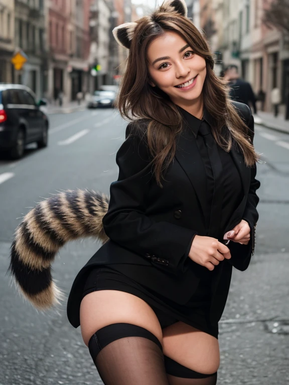 ((Highest quality, 8k)), ((masterpiece)), (Highest Resolution), Perfect Face, Woman with raccoon ears, Female college student, Beautiful woman, public, One tail, she has thick thighs, Big raccoon tail, She has a brown raccoon tail, She wags her tail, Smiling with teeth showing, Fur collar, she is wearing a short skirt, Beautiful Hips , Raccoon tail sticking out of panties