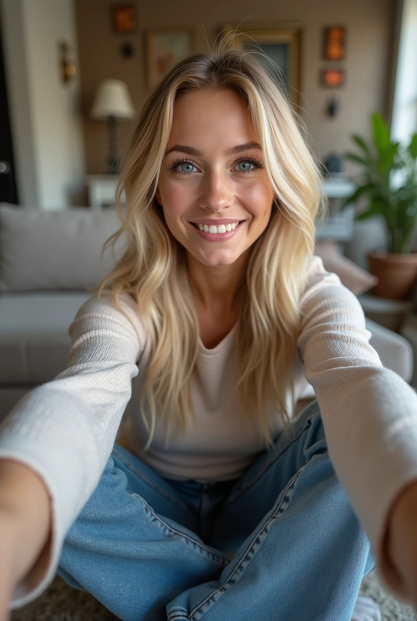 Beautiful 24 year old blonde girl with blue eyes taking a selfie in a room sitting on the floor wearing bell bottom jeans and long sleeve t-shirt, photorealistic, high quality, 4k, 8k, masterpiece, vivid colors and ultra detailed , HDR, studio lighting, sharp focus, physical rendering, professional portrait