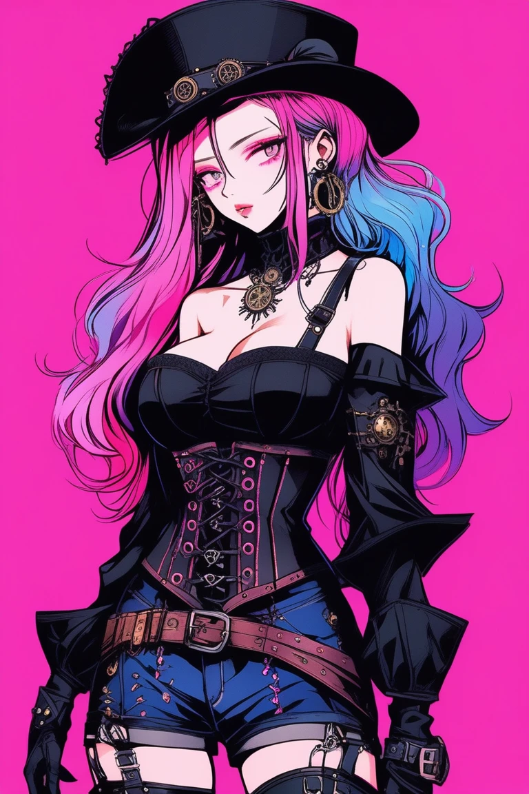 Illustrator, anime , Realistic ,sketch , 1 person, model, Portrait, lip, wearing gothic Steampunk hat, black corset jumper skirt, bare shoulder, black platform cowboy boots, order, Blue and pink gradient background, Neon colored hair, Big Breasts, (((Upper Body))), (((look back))), Sexy look, Sexy pose, Texture Trim, Russia, (masterpiece,Highest quality)