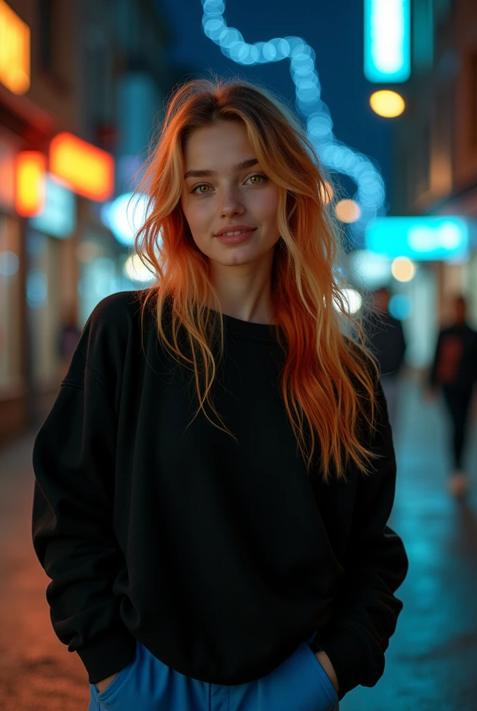 Create an image of a beautiful young woman, 18 years old, with loose blonde hair with red tips, yellow-orange eyes, large, not so good facial harmony, with a slight smile. Put her in a black sweatshirt and blue pants, against a background of a night street. Add some thunder as if it were falling, but not on her.