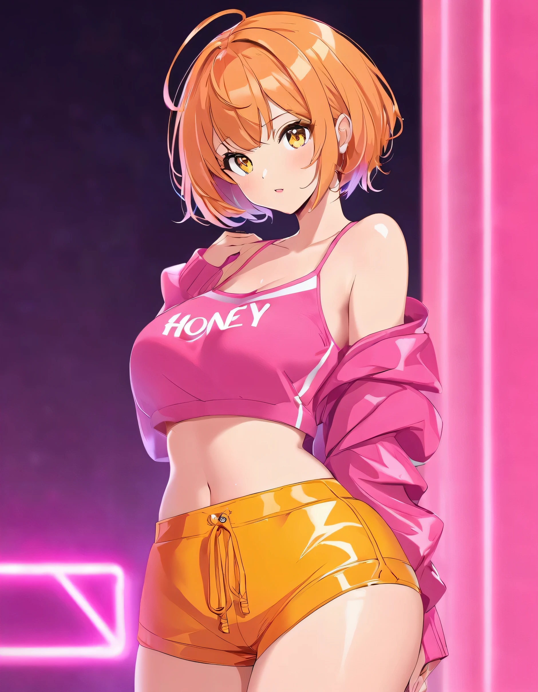 Beautiful adult woman、((Orange short hair))(Yellow Eyes)、(Cute honey in sexy pink outfit)、Smaller butt、Neon Background