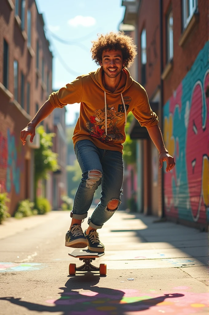 I want an image of a 26-year-old guy with curly brown hair, beautiful brown eyes that are slightly slanted, average build and a big smile skateboarding and doing graffiti