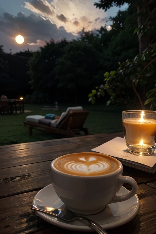 Write a letter, WITH FULL MOON MORE SMALL CUP OF COFFEE OUTDOORS