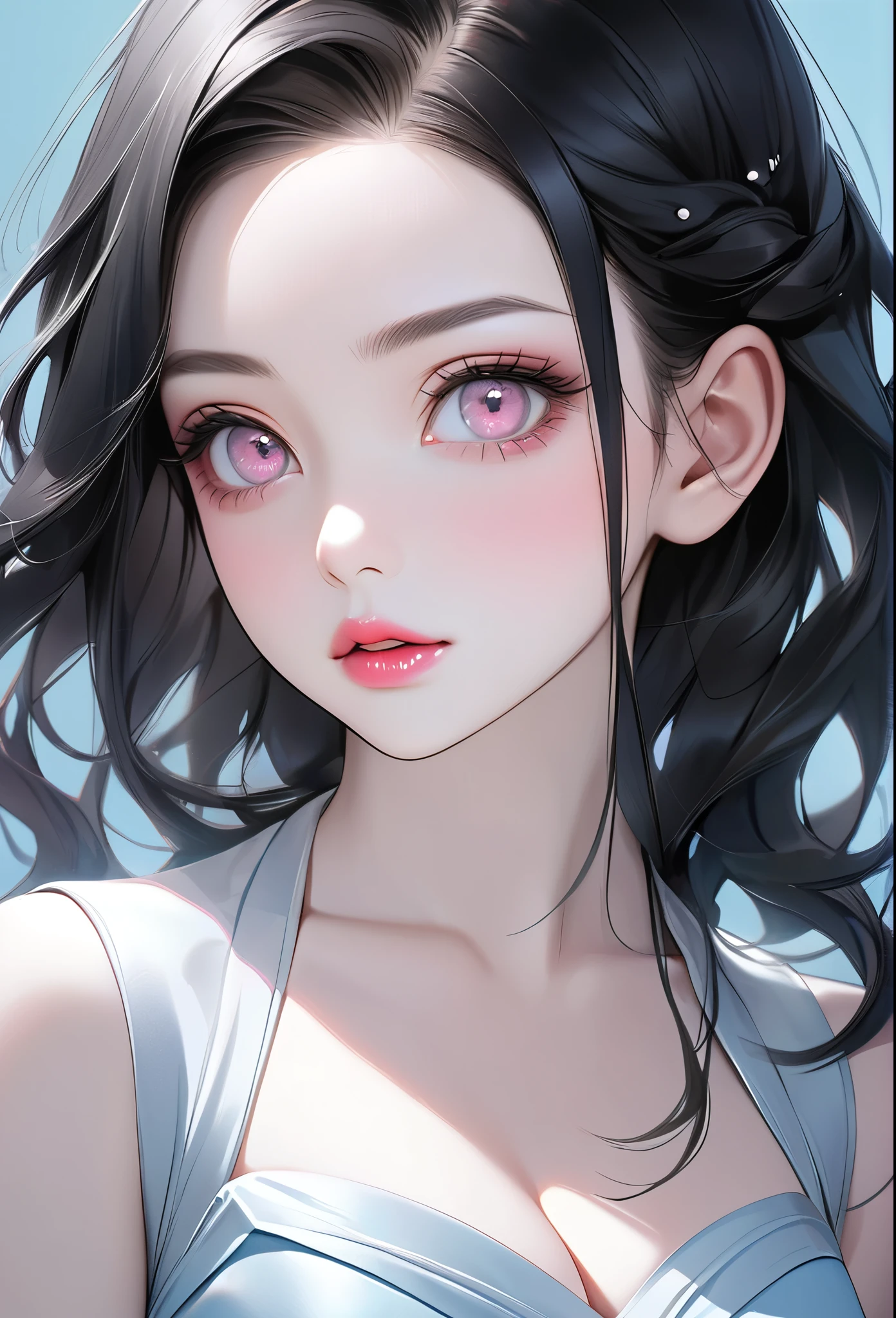 Nezuko Komado, realistic depiction, elegant appearance, pale and shiny skin, black hair, pink eyes, full lips with lip gloss, subtle eyeliner and mascara, light blue eyeshadow, pink and light blue monochromatic color scheme, soft lighting, blue background. Cleavage,