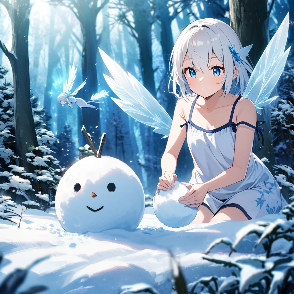 One woman,Ice fairy making a snowman,Young face,White Hair,blue eyes,Winged,Ice feathers,Short,Wearing a camisole, magical sky,Blue sky,in the forest,it&#39;s snowing,very mysterious