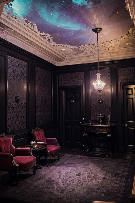 Victorian mansion on the moon of magnetically colored, gloomy rooms