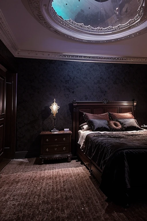 Victorian mansion on the moon of magnetically colored, gloomy rooms