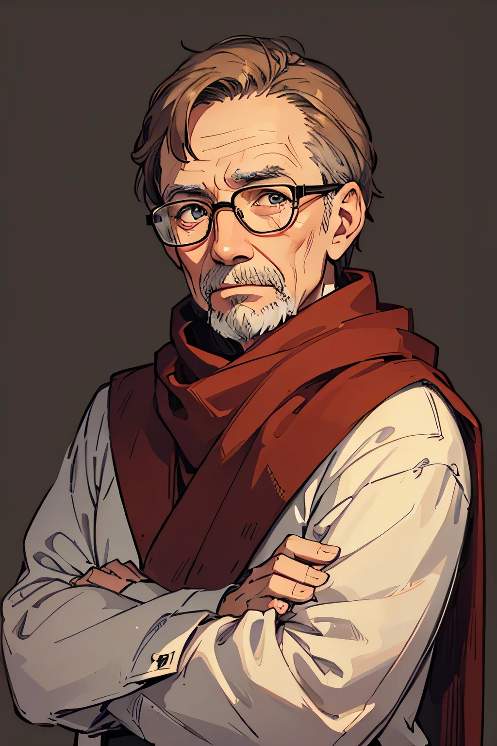 An old man, with a gentle face. Brown hair and eyes, glasses and simple winter clothes.