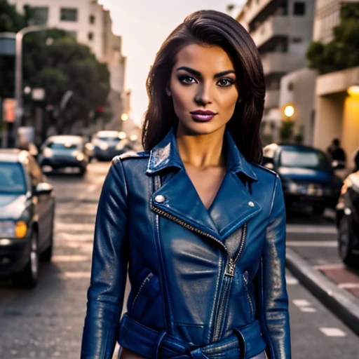 Best quality, realistic, from the front in first person,  on the streets of Los Angeles, (a female mexican Supermodel), (sexy blue leather jacket:1.1), split, seductive smile, (dark hair), (hairstyle:1.0), Perfect eyes, sharp parts, detailed face, face-makeup, cheeks turn red, Eyeliner, eyeshadow, lip gloss, leather pants, boots,  Supermodel, (Deep Focus), (hard lighting), (Night time), (realistic lighting:1.0)