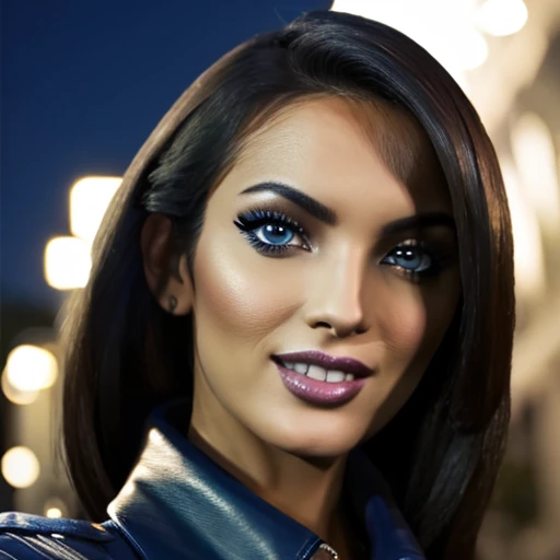 Best quality, realistic, from the front in first person, on the streets of Los Angeles, (a female mexican Supermodel), (sexy blue leather jacket:1.1), split, seductive smile, (dark hair), (hairstyle:1.0), Perfect eyes, sharp parts, detailed face, face-makeup, cheeks turn red, Eyeliner, eyeshadow, lip gloss, leather pants, boots, Supermodel, (Deep Focus), (hard lighting), (Night time), (realistic lighting:1.0)