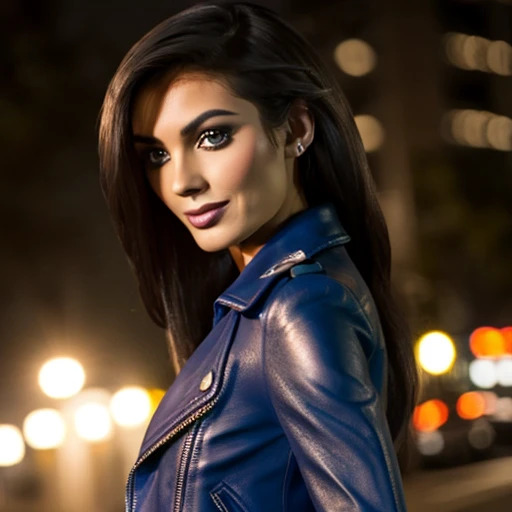 Best quality, realistic, from the front in first person, on the streets of Los Angeles, (a female mexican Supermodel), (sexy blue leather jacket:1.1), split, seductive smile, (dark hair), (hairstyle:1.0), Perfect eyes, sharp parts, detailed face, face-makeup, cheeks turn red, Eyeliner, eyeshadow, lip gloss, leather pants, boots, Supermodel, (Deep Focus), (hard lighting), (Night time), (realistic lighting:1.0)