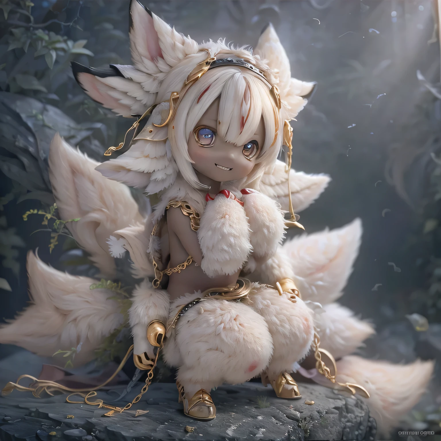 in the garden, Smiling, Made in Abyss's Faputa. She is beautiful, Beautiful eyes and lips.  (((Chibi Style,))) . Image quality is excellent, Highly detailed and realistic features. The medium of this work is、Combining illustration and photorealistic rendering.. The colors are vivid、The lighting creates a warm and bright atmosphere。 Cute pose with full body comparison,White hair、dark skin angry