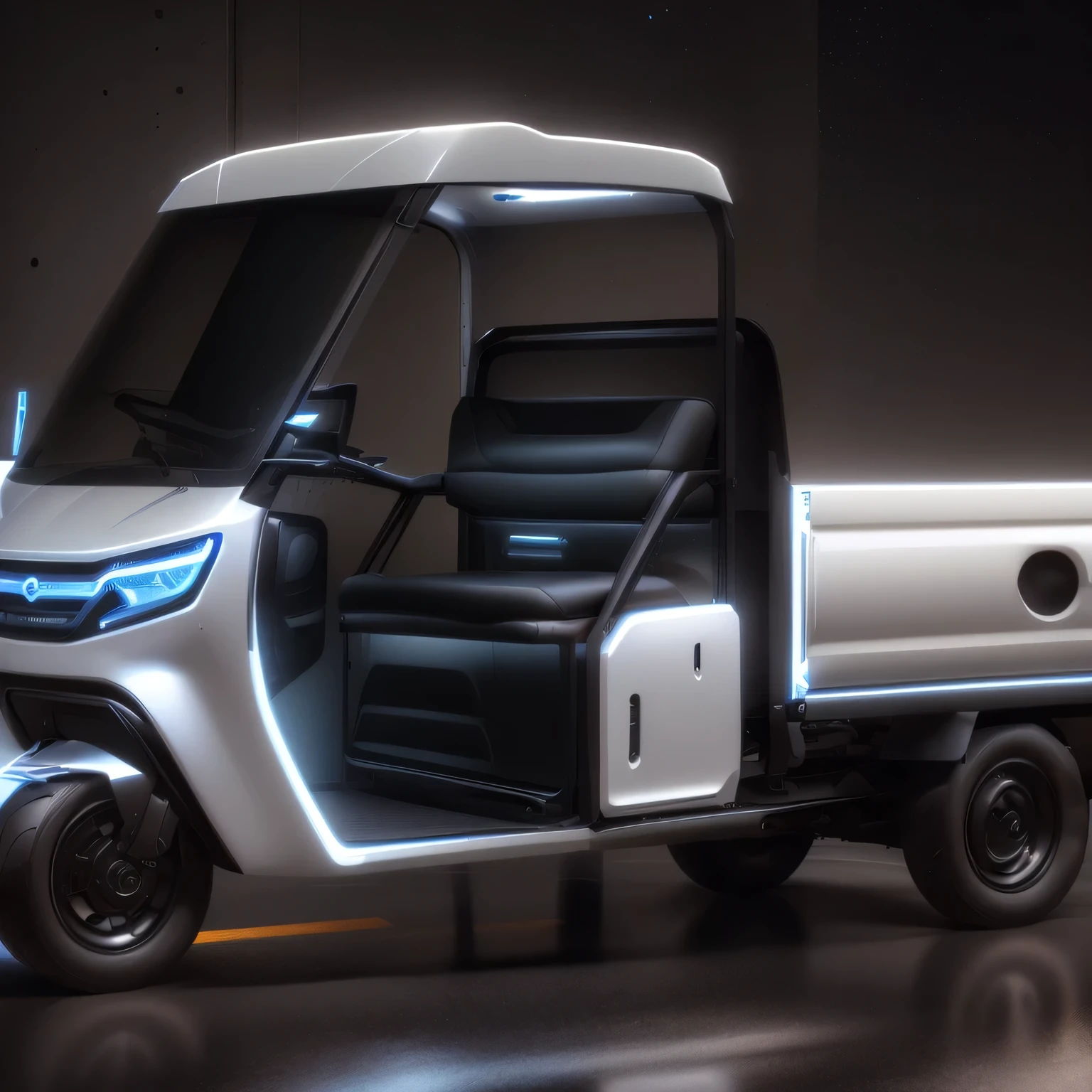 Close-up of a small flatbed truck, New Cars, Vehicle Design Trends, Karma Electric Vehicle, Height Rendering, Front view, 3/4 Front view, Front Angle, grey metal body, Vehicle concept photos!!, Wide Angle Exterior 2022, author:Carlo Martini, futuristic product car shot, Extreme Perspective, Ultra-high resolution