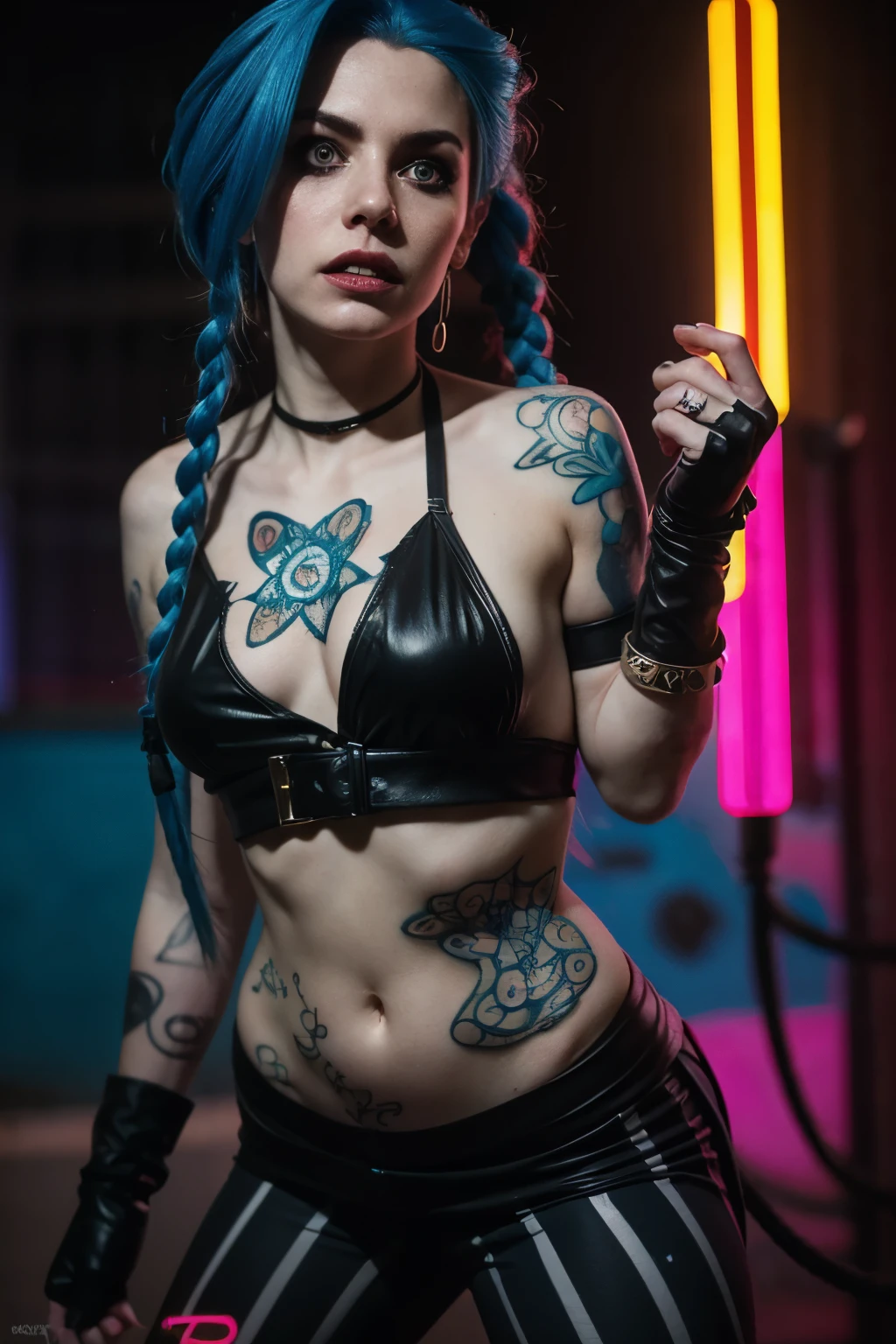 Hyper realistic super detailed Jinx cosplay , Very detailed, (hyper realistic: 1.4), in dynamic pose, angry face, twin braids, long hair, blue hair, red eyes, tattooed arm , ((Crazy face)), arcane style. ((Grunge Neon grafitti background)).