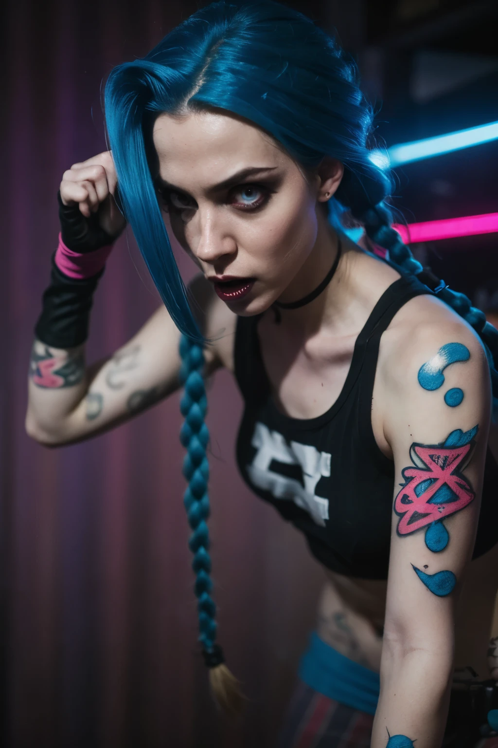 Hyper realistic super detailed Jinx cosplay , Very detailed, (hyper realistic: 1.4), in dynamic pose, angry face, twin braids, long hair, blue hair, red eyes, tattooed arm , ((Crazy face)), arcane style. ((Grunge Neon grafitti background)).