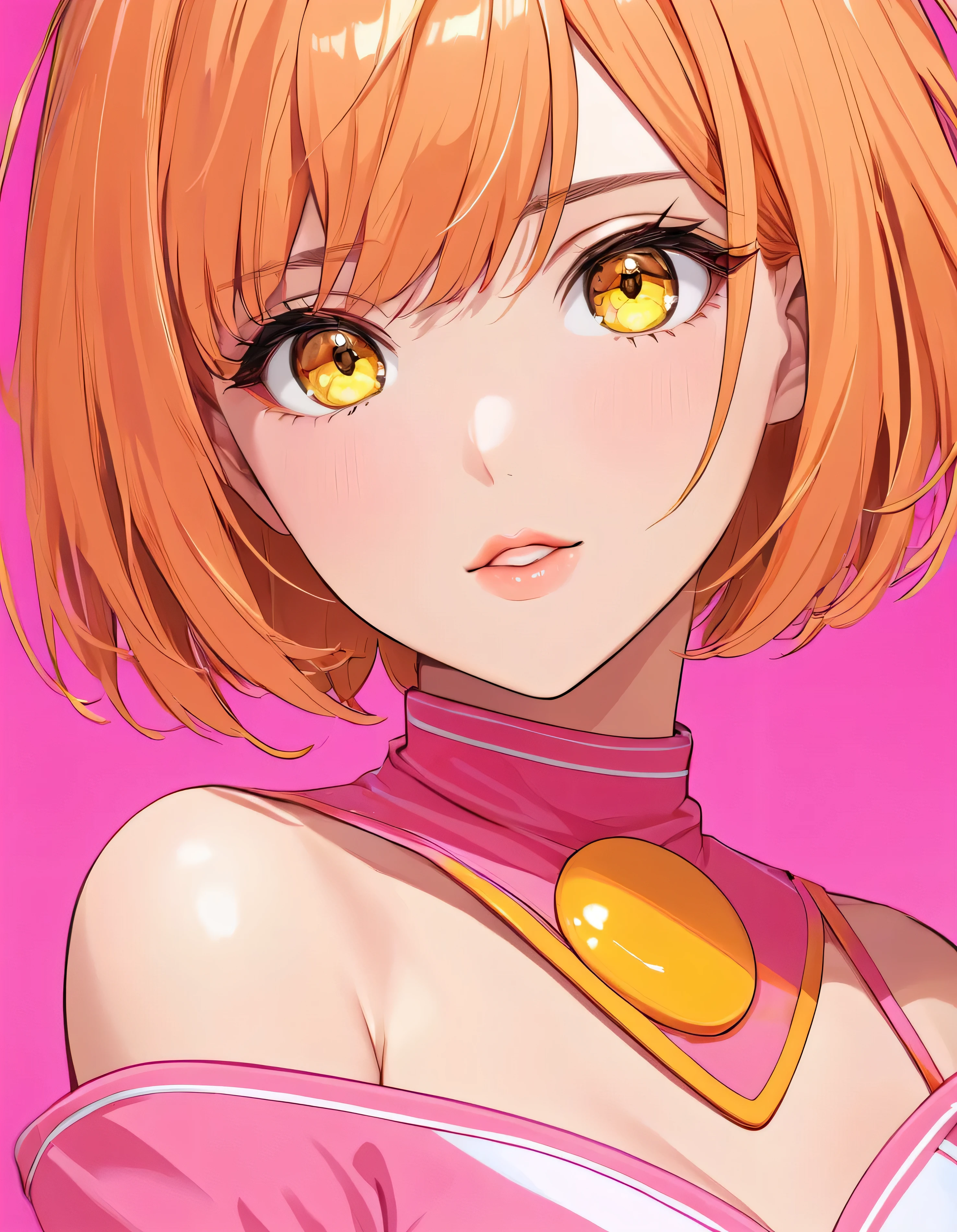 Beautiful adult woman、((Orange short hair))(Yellow Eyes)、(Cute honey in sexy pink outfit)、Face close-up、Neon Background