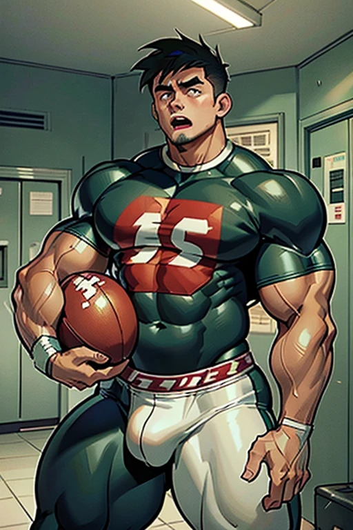 Danny Phantom, ghost, hypnosis, jock, conversion, locker room hallway, hyper muscles, jockstrap, bro, meathead, hypnotized, brainwashed, brainwashing, big dumb jock, football. Danny Fenton is hypnotized by Dash to assimilate and become another dumb cocky smirking fitness-obsessed bodybuilder football jock bro. Glowing green eyes. Hyper crotch bulge. Massive bulging crotch. Big balls. Big biceps. Big triceps. Big traps. Broad shoulders. Big meaty pecs. Big thighs. Thick glutes. Football team assimilation. Black hair. Deep dull voice. glazed expression. dumber and dumber. Open mouth. Clothes turning into a football uniform. Forgetting. Number 16 on his football uniform. IQ drain. Mindless. Brainless. Brute. Brutification. "I feel like I ... I ... I'm a ... I'm a .... Yes, ... just a meathead jock.... just muscle ... and meat.... Bro.... I am a meathead.... I am a bro.... I am a jock.... I am a meathead.... I am a bro.... I am a jock.... Anything you say, Dash.... Obey ... the QB.... I am a jock. I am a meathead.... I obey ... my QB."