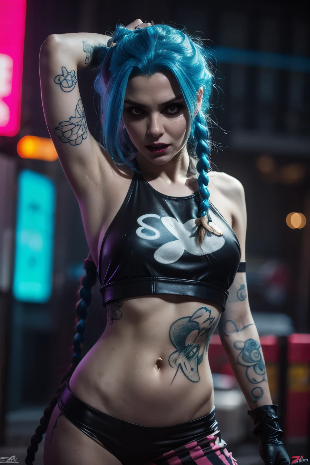 Hyper realistic super detailed Jinx cosplay , Very detailed, (hyper realistic: 1.4), in dynamic pose, angry face, twin braids, long hair, blue hair, red eyes, tattooed arm , ((Crazy face)), arcane style. ((Grunge Neon grafitti background)).