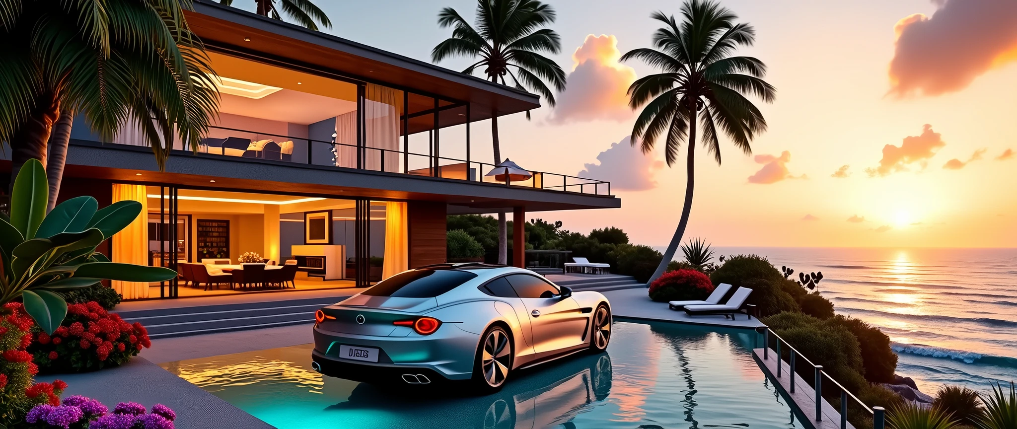 Make a Very Beautiful Villas With a Beautiful Car and Ocean View with palm trees